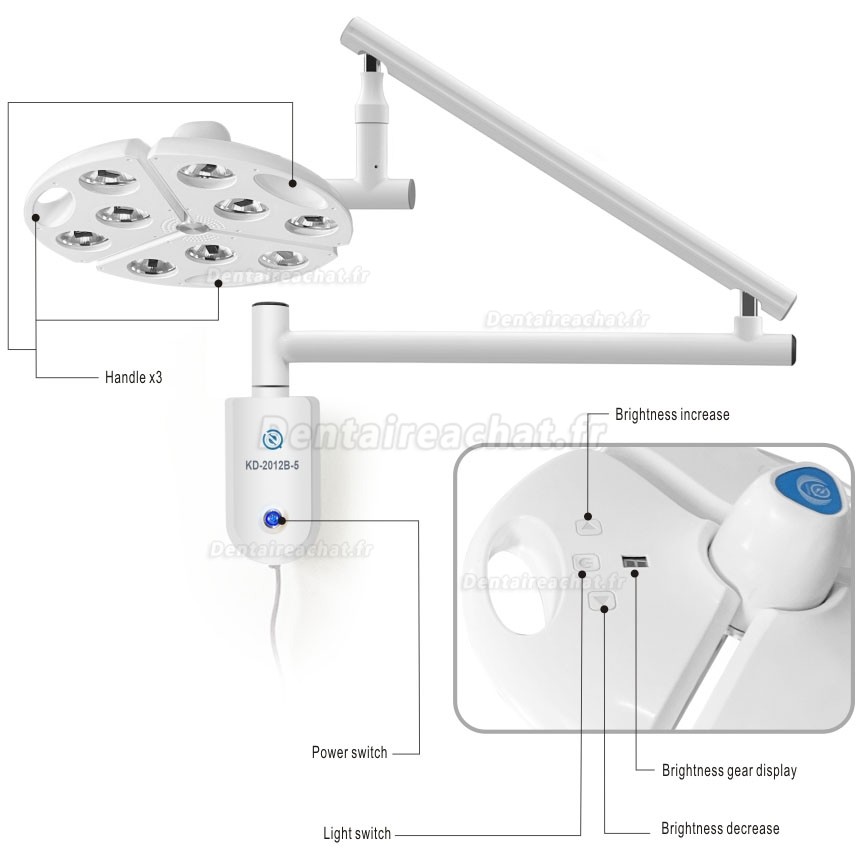 Lampe chirurgicale dentaire LED KWS KD-2012B-5, 90 W, &agrave; montage mural